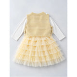 Light Green Kitty Knitted Vest & White-Yellow Ruffle Frock Winterwear 2 Pcs Set for Girls