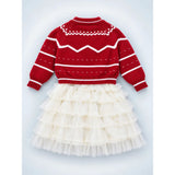 Red Strawberry Cardigan & White-Ivory Ruffle Frock, Winterwear 2 Pcs Set for Girls
