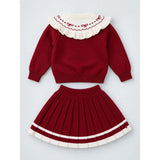 Maroon Ruffle-Collar Sweater & Pleated Skirt with Bow Pom-Pom Clip, Winterwear 2 Pcs Set for Girls