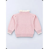 Peach Ruffle Neck Cat Bow Knitted Winter Cardigan Sweater for Girls
