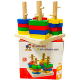 Colorful geometric wooden blocks with packaging on a white background