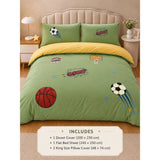 4 pcs Olive Sports Goal theme, Luxe Embroidered collection of Double Bed Comforter, flat bedsheet, 2 pillow covers Bedding Set for King Size Bed.