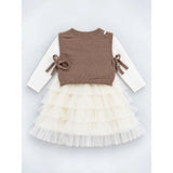 Brown Kitty Knitted Vest & White-Ivory Ruffle Frock Winterwear 2 Pcs Set for Girls