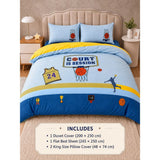 4 pcs Basket Ball Theme Luxe Embroidered collection of Double bed comforter, 1 flat bedsheet, 2 pillow covers entire Kids Bedding Set for King Size Bed.