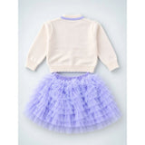 Ivory Horse Sweater & Purple Ruffle Skirt with Detachable Bow Clip, Winterwear 2 Pcs Set for Girls