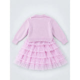 Pink Pearl & Silver Bow Cardigan & White-Pink Ruffle Frock, Winterwear 2 Pcs Set for Girls