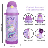 Youp Stainless Steel Purple Color Unicorn Theme Kids Insulated Sipper Bottle Winner - 500 ml