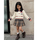 Dusty Beige Cable-Knit Sailor Collar Winter Cardigan Sweater with Detachable Doll Clip for Girls