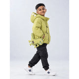 Olive Green Dino-Themed Quilted Hooded Winter Jacket for Kids