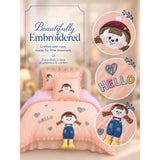 4 pcs Little Girl Theme Luxe Embroidered & 3D hanging collection of Single bed comforter, 1 flat bedsheet, 2 pillow covers entire Bedding Set for Single Size Bed.