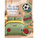 4 pcs Olive Sports Goal theme, Luxe Embroidered collection of Double Bed Comforter, flat bedsheet, 2 pillow covers Bedding Set for King Size Bed.