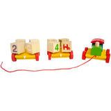 Feature highlight of Popup Kids wooden train toy — 8 rotating alphabet number blocks, natural beeswax polish, non-toxic vegetable dye paint, plastic-free battery-free educational toy India