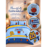 4 pcs Basket Ball Theme Luxe Embroidered collection of Double bed comforter, 1 flat bedsheet, 2 pillow covers entire Kids Bedding Set for King Size Bed.