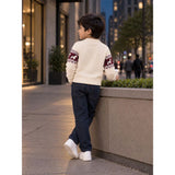 Cream, Maroon & Navy Pattern Knitted Winter Cardigan, Christmas Sweater for Kids