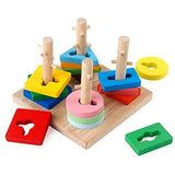 Colorful wooden shape sorting toy on a white background
