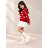 Red White Bow Dotted Knitted Winter Cardigan, Christmas Sweater for Kids