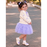 Ivory Horse Sweater & Purple Ruffle Skirt with Detachable Bow Clip, Winterwear 2 Pcs Set for Girls
