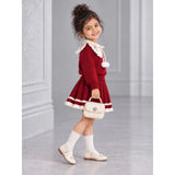 Maroon Ruffle-Collar Sweater & Pleated Skirt with Bow Pom-Pom Clip, Winterwear 2 Pcs Set for Girls