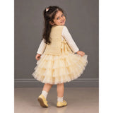 Light Green Kitty Knitted Vest & White-Yellow Ruffle Frock Winterwear 2 Pcs Set for Girls