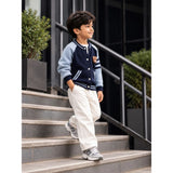 Navy Blue & Grey Bear Varsity-Style Winter Cardigan Sweater for Kids