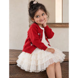 Red 3D Bow Cardigan & White-Ivory Ruffle Frock, Winterwear 2 Pcs Set for Girls