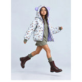 Cream & Purple Happy Girl Quilted Hooded Winter Jacket for Kids