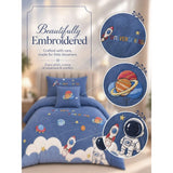 4 pcs Space theme, Luxe Embroidered collection of Single bed comforter, 1 flat bedsheet, 2 pillow covers entire Bedding Set for Single Size Bed.