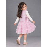 Pink Kitty Knitted Vest & White-Pink Ruffle Frock Winterwear 2 Pcs Set for Girls