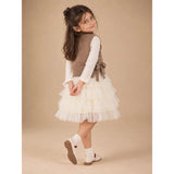 Brown Kitty Knitted Vest & White-Ivory Ruffle Frock Winterwear 2 Pcs Set for Girls