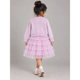 Pink Pearl & Silver Bow Cardigan & White-Pink Ruffle Frock, Winterwear 2 Pcs Set for Girls