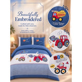 4 pcs Red Tractor theme, Luxe Embroidered collection of Double Bed Comforter, flat bedsheet, 2 pillow covers entire Bedding Set for King Size Bed.