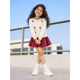 Ivory Horse Cardigan & Maroon Checked Skirt, Winterwear, 2 Pcs Set for Girls