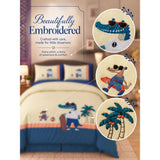 4 pcs Skateboard Croc Tropical theme, Luxe Embroidered collection of Double Bed Comforter, flat bedsheet, 2 pillow covers Bedding Set for King Size Bed.
