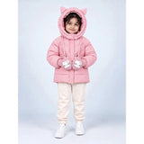 Pink Cat Glitter Quilted Hooded Winter Jacket with Mittens for Kids