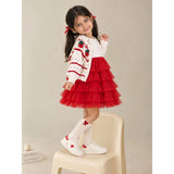 White Strawberry Cardigan & White-Red Ruffle Frock, Winterwear 2 Pcs Set for Girls