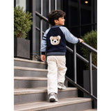 Navy Blue & Grey Bear Varsity-Style Winter Cardigan Sweater for Kids