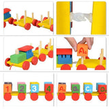 Feature highlight of Popup Kids wooden train toy — 8 rotating alphabet number blocks, natural beeswax polish, non-toxic vegetable dye paint, plastic-free battery-free educational toy India