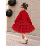 Red Pearl & Silver Bow Cardigan & White-Red Ruffle Frock, Winterwear 2 Pcs Set for Girls