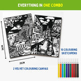 PepPlay Velvet Colouring Canvas Set of 2 | Venice & Amalfi Coast | DIY Velvet Art Kit with 10 Sketch Pens | Framable Wall Art | Mindfulness Activity | Ages 8+