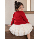 Red 3D Bow Cardigan & White-Ivory Ruffle Frock, Winterwear 2 Pcs Set for Girls
