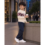 Cream, Maroon & Navy Pattern Knitted Winter Cardigan, Christmas Sweater for Kids