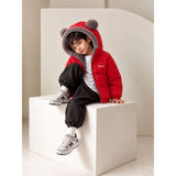 Red Bear-Ear Faux-Fur Hooded Quilted Winter Jacket for Kids