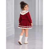 Maroon Ruffle-Collar Sweater & Pleated Skirt with Bow Pom-Pom Clip, Winterwear 2 Pcs Set for Girls