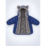 Navy Blue Bear-Ear Faux-Fur Hooded Quilted Winter Jacket for Kids