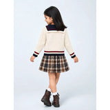 Dusty Beige Cable-Knit Sailor Collar Winter Cardigan Sweater with Detachable Doll Clip for Girls
