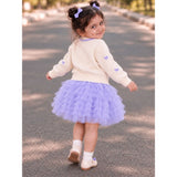 Ivory Horse Sweater & Purple Ruffle Skirt with Detachable Bow Clip, Winterwear 2 Pcs Set for Girls