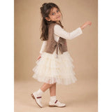 Brown Kitty Knitted Vest & White-Ivory Ruffle Frock Winterwear 2 Pcs Set for Girls