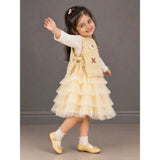 Light Green Kitty Knitted Vest & White-Yellow Ruffle Frock Winterwear 2 Pcs Set for Girls