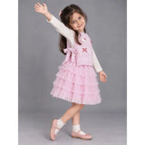 Pink Kitty Knitted Vest & White-Pink Ruffle Frock Winterwear 2 Pcs Set for Girls