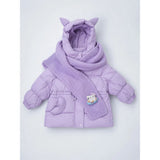 Purple Cat Glitter Quilted Hooded Winter Jacket with Muffler for Kids